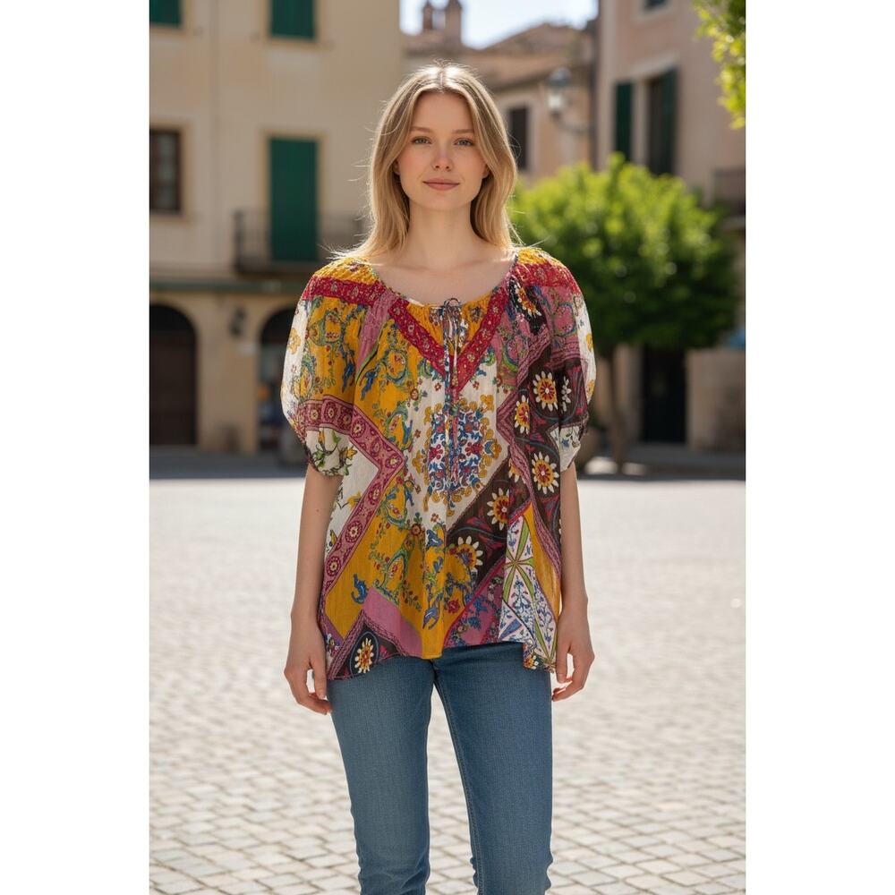 YVOS Top Size 20 / Size 20W Relaxed Fit Colorful Art to Wear Blouse Semi Sheer